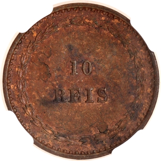 NGC Grade as AU58BN Copper Ten Reis Coin of Luiz I of Colonial Coinage of Indo Portuguese.