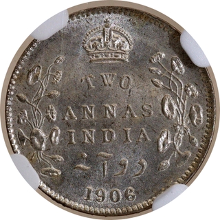Very Rare NGC MS 65 Graded Silver Two Annas Coin of King Edward VII of Calcutta Mint of 1906.