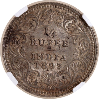 Rare NGC AU 58 Graded Silver Quarter Rupee Coin of Victoria Empress of Calcutta Mint of 1893.