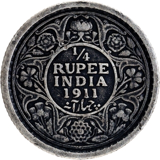 Very Rare Silver Quarter Rupee Coin of King George V of Calcutta Mint of 1911.