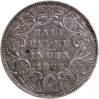 Rare Silver Half Rupee Coin of Victoria Empress of Bombay Mint of 1888.