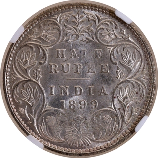 Rare NGC MS 61 Graded Silver Half Rupee Coin of Victoria Empress of Bombay Mint of 1899.