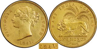 Very Rare PCGS AU Graded Gold One Mohur Coin of Victoria Queen Divided Legend of Calcutta Mint of 1841.