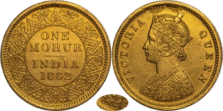 Very Rare Gold One Mohur Coin of Victoria Queen of Calcutta Mint of 1862 with Two Flowers.