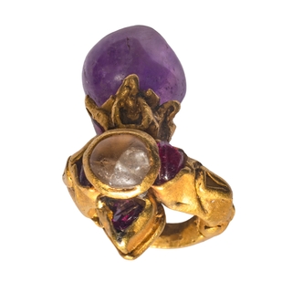 Extremely Rare Gold Mukut Ornament, Possibly Gupta Period, Gem-Set Ceremonial Crown with Rubies, Uncut Diamond, and Amethyst Bead.Likely Ritual and Barter Use. 