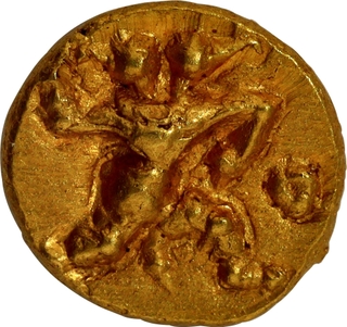 Extremely Rare and Unlisted Chalukyas of Kalyana Gold Fanam of Gandaberunda Type with Floral Scroll Reverse in UNC Grade, First Appearance at Auction.