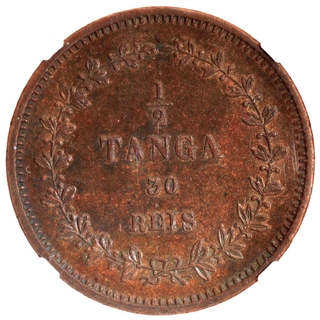 NGC Grade as AU58BN Copper Thirty Reis Coin of Luiz I of Colonial Coinage of Indo Portuguese.