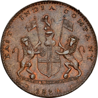 Bombay Presidency-Pattern Copper ¼ Anna, AH 1235 / 1820 AD, NGC AU58BN, Top-Pop, Ex. Puddester Collection, Extremely Rare.