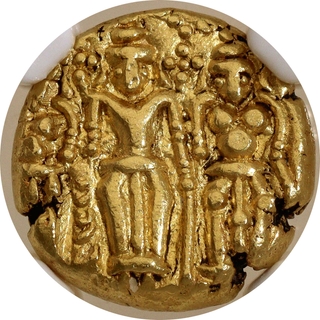 Madras Presidency Gold Pagoda (Three Swami Type), Fort St. George Mint, Vishnu with Shri Devi & Bhudevi, NGC MS62, Very Rare.