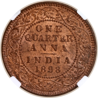 Very Rare NGC MS 63 RB Graded Copper One Quarter Anna Coin of Calcutta Mint of 1898.