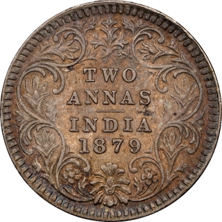 Extremely Rare NGC MS 62 Graded Silver Two Annas Coin of Victoria Empress of Calcutta Mint of 1879.