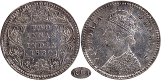 Very Rare Date of 1880 Silver Two Annas Coin of Victoria Empress of Calcutta Mint.
