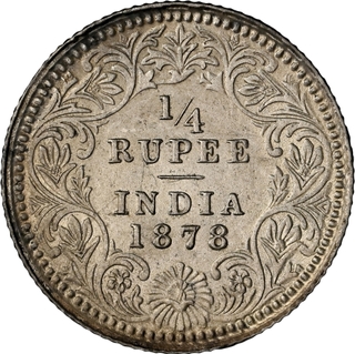 Extremely Rare NGC MS 61 Graded Silver Quarter Rupee Coin of Victoria Empress of Calcutta Mint of 1878.