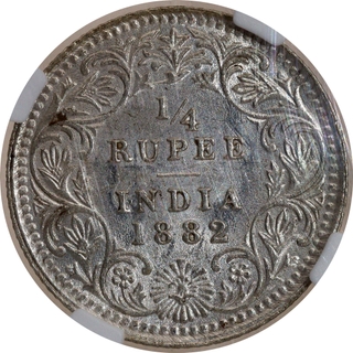 Very Rare NGC MS 62 Graded Silver Quarter Rupee Coin of Victoria Empress of 1882 of Calcutta Mint.
