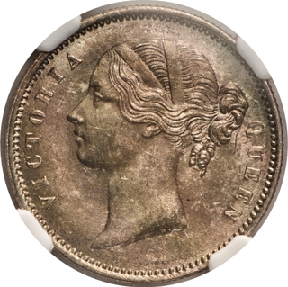 Very Rare NGC MS 63 Graded Silver Half Rupee Coin of Victoria Queen Divided Legend of Calcutta or Bombay Mint of 1840.