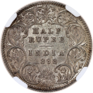 Very Rare NGC AU 55 Graded Silver Half Rupee Coin of Victoria Empress of Calcutta Mint of 1898.