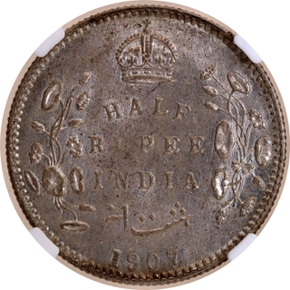 Very Rare NGC MS 62 Graded Silver Half Rupee Coin of King Edward VII of Bombay Mint of 1907.