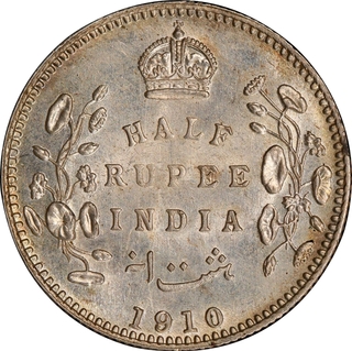 Very Rare PCGS MS 62 Graded Silver Half Rupee Coin of King Edward VII of Calcutta Mint of 1910.