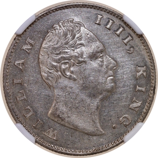 Rare NGC MS 60 Graded Silver One Rupee F Raised Coin of King William IIII of Calcutta Mint of 1835.