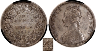 Extremely Rare NGS XF 40 Graded Half Anna Die Silver One Rupee Coin of Victoria Queen of Bombay Mint of 1862 of A/II/0/3 Dots.