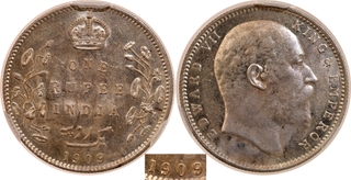 Extremely Rare NGS MS 65 Graded 1909 (9 over 8) Silver One Rupee Coin of King Edward VII of Bombay Mint.