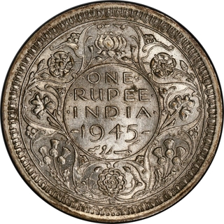 Very Rare PCGS AU 55 Graded Large 5 Silver One Rupee Coin of King George VI of Lahore Mint of 1945.