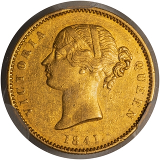 Extremely Rare NGS AU 50 Graded Gold One Mohur Coin of Victoria Queen Divided Legend of Calcutta Mint of 1841.