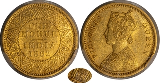 Very Rare NGS AU 55 Graded Gold One Mohur Coin of Victoria Queen of Calcutta Mint of 1862 with Single Flower.