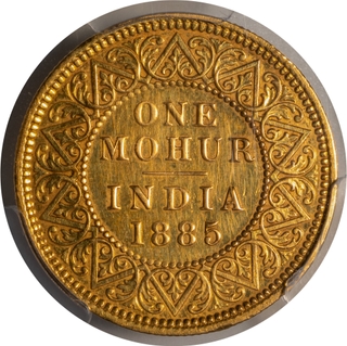 Extremely Rare Top Pop PCGS AU Graded Gold One Mohur Coin of Victoria Empress of Calcutta Mint of 1885.