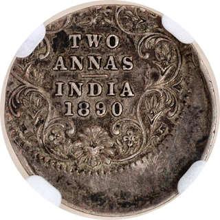 Extremely Rare NGC Off Center Struck Error AU 53 Graded Silver Two Annas Coin of Victoria Empress of Bombay Mint of 1890.