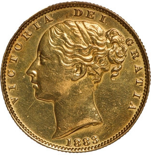 Rare Gold Sovereign Coin of Queen Victoria of Australia of Melbourne Mint of 1883.