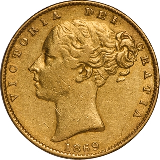 Rare Gold Sovereign Coin of Queen Victoria of United Kingdom of Royal Mint of 1869.