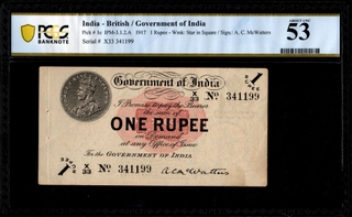 Very Rare PCGS 53 Graded One Rupee Banknote of King George V of 1917 Signed by A C McWatters of Universalised Circle.