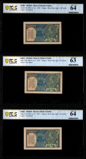 Very Rare PCGS 63 and 64 Graded One Rupee Consecutive Banknotes of King George V Signed by J W Kelly of 1935.