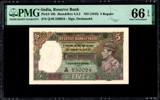 Rare PMG 66 Graded Five Rupees Banknote of King George VI Signed by C D Deshmukh of British India of 1944.