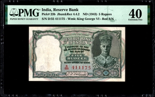 Very Rare PMG 40 Graded Red Serial Number Five Rupees Banknote of British India of King George VI Signed by C D Deshmukh of 1947.