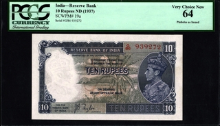 Rare PCGS 64 Graded Ten Rupees Banknote of King George VI of 1938 Signed by J B Taylor of British India.