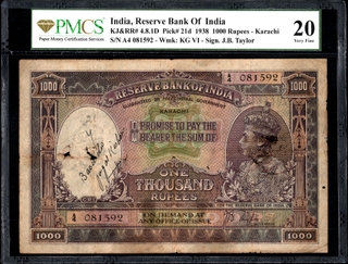 Extremely Rare PMCS 20 Graded One Thousand Rupees Banknote of King George VI Signed by J B Taylor of 1938 of Karachi Circle.