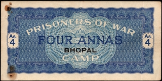 Very Rare Four Annas Prisoners of War Coupon of World War II of Bhopal of 1942.