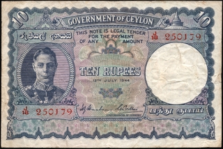 Rare Ten Rupees Banknote Signed by H J Huxham and C H Collins of King George VI of Ceylon of 1944.