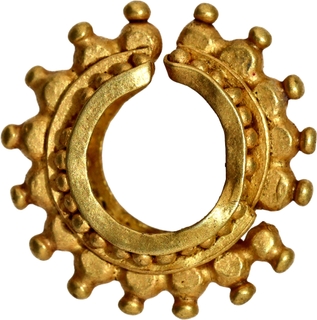 Extremely Rare Primitive Money, Gold Earring (Bali), Possibly Dating to Satavahana Period (c. 100 BC), Radiating Chakra Motif with Sixteen Stud Design.