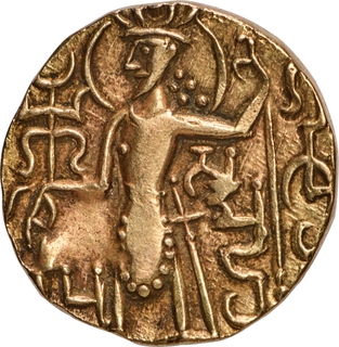 Extremely Rare Rajadanda type Samudragupta Gold Dinar Stylized in Kushan Style.