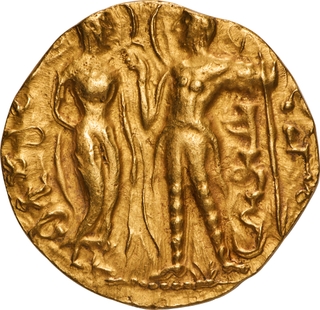 Extremely Rare Gold Dinar Coin of Gupta Dynasty of King and Queen type  (Lichchhavayah), issued in the memory of his parents Chandragupta I and Kumaradevi.