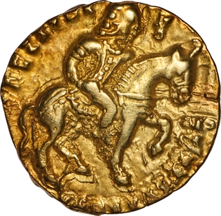 Very Rare Gold Dinar Coin of Kumaragupta I of Gupta Dynasty of Horseman type. 