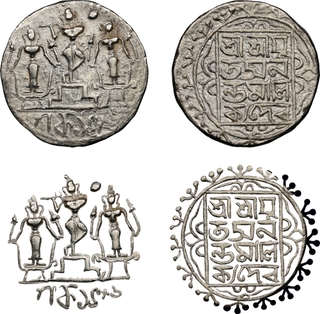 Tripura Ananta Manikya Silver Tanka Saka 1486 The Krishna Playing the Flute Type, Top Pop NGC AU55 Extremely Rare.