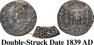 Indo-Portuguese, Goa, Maria II (1834-1853 AD), Silver Pardao (300 Reis), 1839 AD, Double-Struck Date, AU-UNC, Very Rare in this Grade.