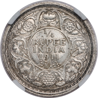 Extremely Rare NGC AU 55 Graded Silver Quarter Rupee Coin of King George V of Calcutta Mint of 1911.