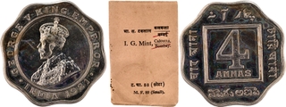 Extremely Rare Cupro Nickel Four Annas Proof Restrike Coin of King George V with Original Mint Packing of Calcutta Mint of 1921.