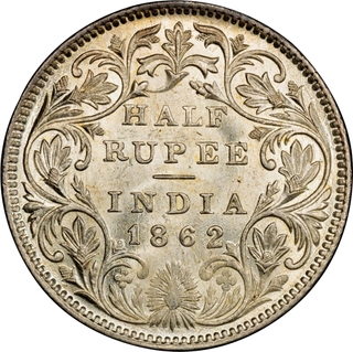 Very Rare PCGS MS 64 Graded Silver Half Rupee Coin of Victoria Queen of Calcutta Mint of 1862.