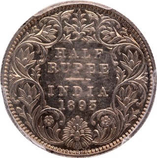 Extremely Rare PCGS PR 62 Graded Silver Half Rupee Proof Restrike Coin of Victoria Empress of Calcutta Mint of 1893.